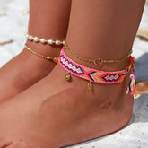 Bracelet de cheville en coton aztèque rose pièce dorée